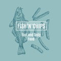 Fish and Chips Abstract Vector Card, Sign or Logo Template. Hand Drawn Cod Fish and Potato Fries with Modern Typography