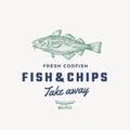 Fish and Chips Abstract Vector Sign, Symbol or Logo Template. Hand Drawn Cod Fish and Potato Fries with Classy Retro