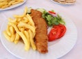 Fish and chips. Deep fried fish filet with french fries served on white plate with vegetables Royalty Free Stock Photo