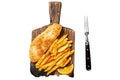 Fish and chips dish with french fries on wooden board. Isolated on white background. Royalty Free Stock Photo