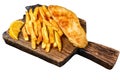 Fish and chips dish with french fries on wooden board. Isolated on white background. Royalty Free Stock Photo