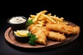 fish and chips dish at minimal kitchen. Homemade or takeaway food. Traditional typical British meal Royalty Free Stock Photo