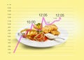 Fish and chips with french fries and salad in diet infograph