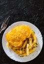 Fried fish fillet in cheese and potatoes in a white plate on black background. with copy space. top view Royalty Free Stock Photo