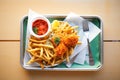 fish and chips in a paper tray with a plastic fork Royalty Free Stock Photo