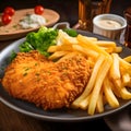 Fish and chips served with french fries and salad on a plate Royalty Free Stock Photo