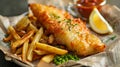 Fish and chips with sides on newspaper Royalty Free Stock Photo