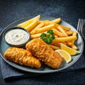 Fish and chips tarter sauce and lemon slice on a plate AI generated image Royalty Free Stock Photo
