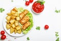 Fish and chips with tomato sauce ketchup, white background, top Royalty Free Stock Photo