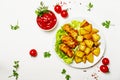 Fish and chips with tomato sauce ketchup, white background, top Royalty Free Stock Photo