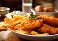 Fish and chips traditional english food.Macro.AI generative