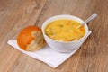 Fish chowder with bread roll. Royalty Free Stock Photo