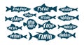 Fish, collection labels or logos. Seafood, food, fishing, angling set icons. Handwritten lettering, calligraphy vector