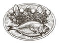 Fish cooked with garnish on platter. Seafood cuisine. Food sketch vector illustration