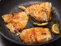 Fish cooking in frying pan Royalty Free Stock Photo