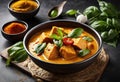 A fish curry with coconut milk, curry paste, and basil