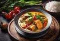 A fish curry with coconut milk, curry paste, and vegetables