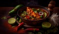 Fish Curry Super Spicy in a Bowl on Table with Lemons Red Chillies Mint AI Generative