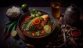 Fish Curry Super Spicy in a Bowl on Table with Lemons Red Chillies Mint AI Generative