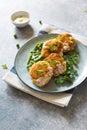 Fish cutlets with green peas and beans Royalty Free Stock Photo