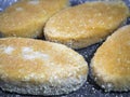 Fish cutlets in a pan close-up.  Background with freshly cooked  cutlets Royalty Free Stock Photo