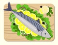 Fish on a cutting board with lemon slices, lettuce leaves, onion, sauce, parsley. Cooking of mackerel. Vector flat illustration.