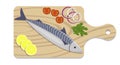Fish on a cutting board with lemon slices, onion, tomato, parsley herb. Cooking of mackerel. Vector flat illustration.