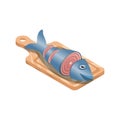 Fish on a cutting board. Vector 3d sketch isometric style, color icon illustration. Creative design idea and