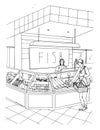 Fish department hand drawn colorful illustration. store interior with shoppers.