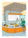 Fish department hand drawn colorful illustration. store interior with shoppers.