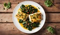 Fish dish - fried cod with spinach and capers in saffron sauce on wooden table Royalty Free Stock Photo