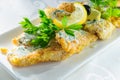 Fish dish - fried fish fillet with vegetables on white background Royalty Free Stock Photo