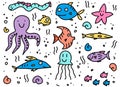 Fish in doodle style. Hand-drawn cute, cartoon, funny fishes, octopus, jellyfish, marine life. Concept of ocean. Vector