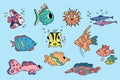 Fish doodles. Cute colorful set. Vector collection of cartoon outline sea abodes. Wild marine life in hand drawn style. Swimming Royalty Free Stock Photo