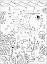 Fish dot-to-dot activity and coloring page. Full-page underwater scene. Math basics for kids.