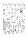 Fish dot-to-dot activity and coloring page. Full-page underwater scene. Math basics for kids.