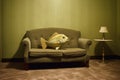 A fish dressed in casual clothes lies in a sofa at a home, concept of Surrealism, created with Generative AI technology