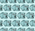 Fish eat fish pattern seamless. Predatory fish with open mouth. underwater world background. Baby fabric texture