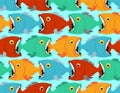 Fish eat fish pattern seamless. Predatory fish with open mouth. underwater world background. Baby fabric texture