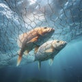 fish ensnared in net under water