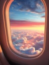 airplane window view to a blue cloudy sky