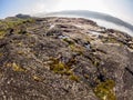 Fish eye image of coastline of Barents sea in northern polar summer. Arctic ocean, Kola Peninsula, Russia