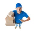 Fish eye shot of delivery man shows on boxes in his hand Royalty Free Stock Photo