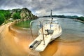 Fish-eye view of boat in the Russian Primorye Spokoynaya bay HDR image