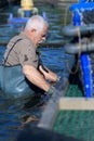 Fish farm employee at dusk career