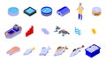 Fish farm icons set, isometric style
