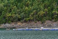 Fish farm in the Salish Sea, floating pens close to a rocky, forest covered coastline Royalty Free Stock Photo