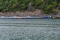 Fish farm in the Salish Sea, floating pens close to a rocky, forest covered coastline Royalty Free Stock Photo