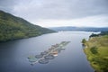 Fish farm salmon round nets in natural environment Loch Awe Arygll and Bute Scotland Royalty Free Stock Photo