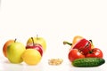 Fish fat pills, fresh tomatoes, peppers, cucumber and fruits. Royalty Free Stock Photo